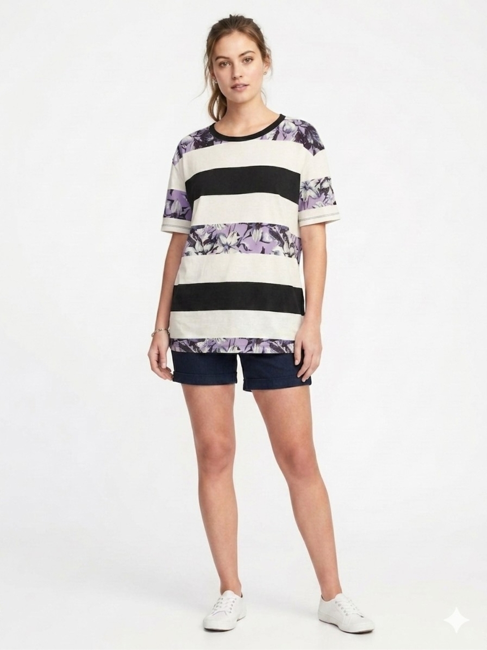 Striped Floral Short-Sleeve Tee in Cream, Black & Lavender